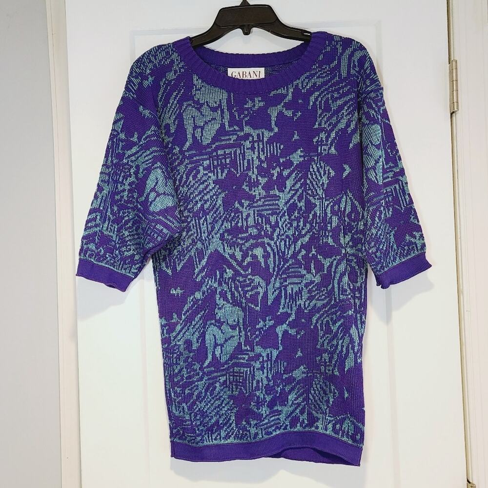 Vintage Gabani Purple Teal Figural Jacquard Knit Sweater